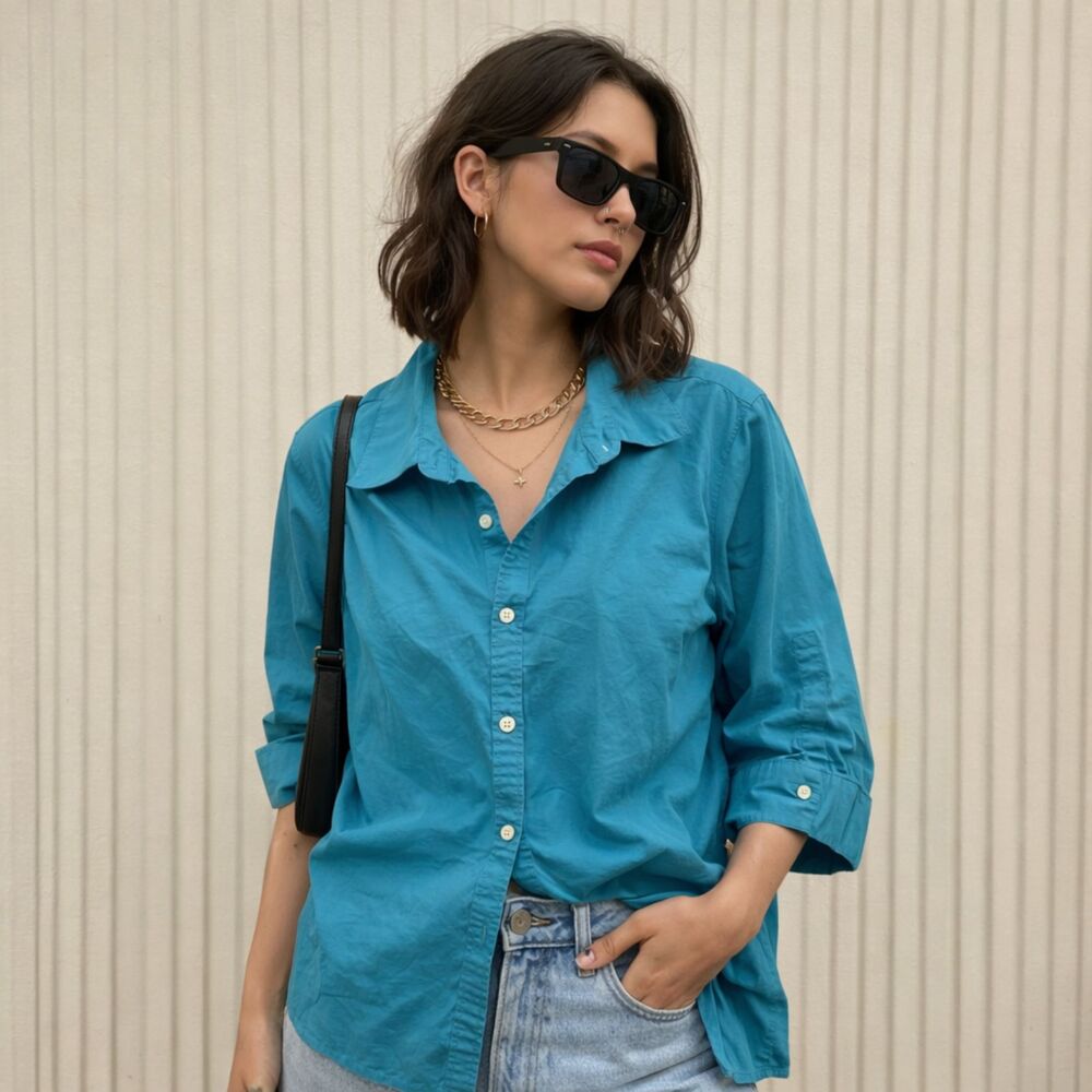 Vintage Merona Button Front Shirt Blue Cotton Office Y2K Relaxed Women sz 22W